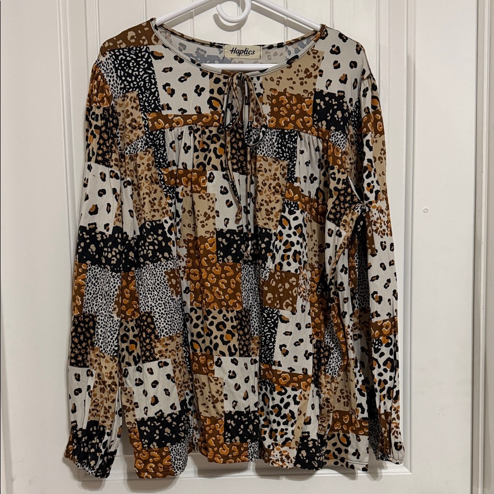 Haptics Women's Patchwork Leopard Tie-Neck Blouse - Tan & Black